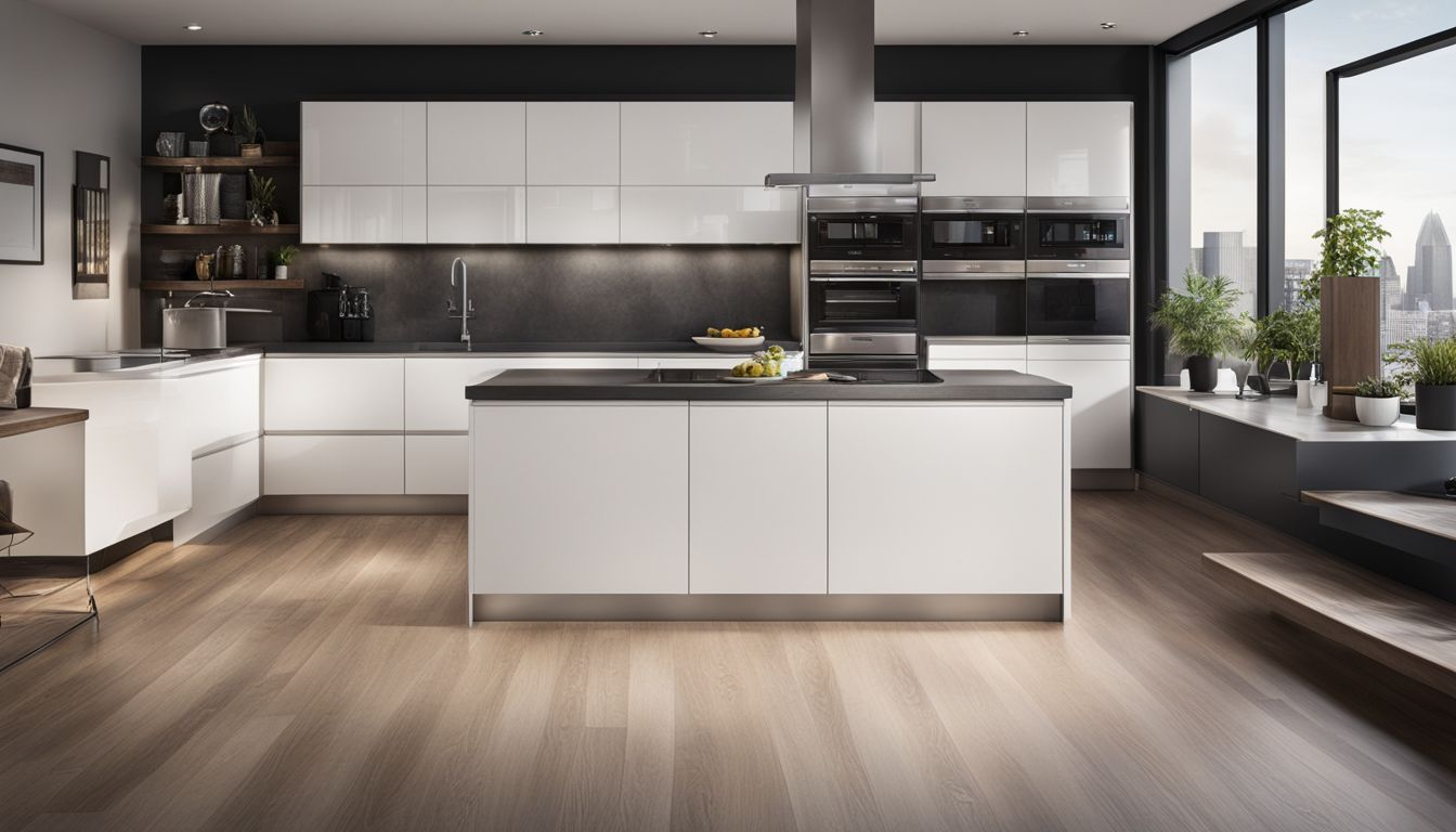 modern techno style kitchen with wooden white kitchen cabinets
