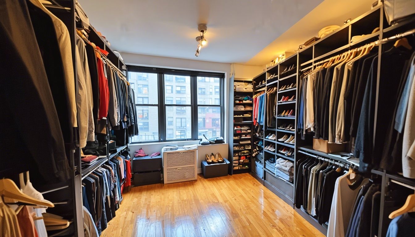 A cluttered NYC apartment transformed by custom closets showcasing organized shelves and cabinets