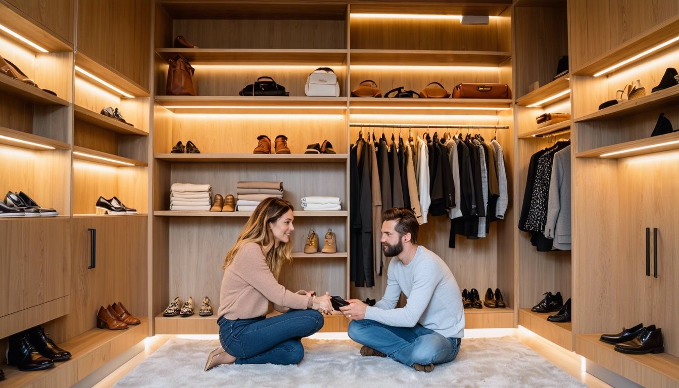 A couple in their 30s admiring a well-designed custom closet in their Manhattan apartment