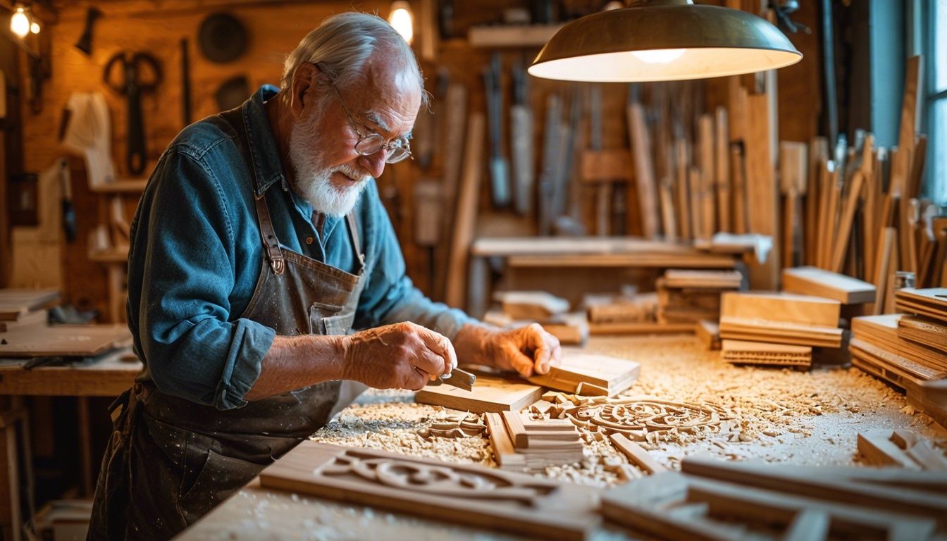 An elderly carpenter crafts detailed wooden carvings for a boutique hotel cabinetry in NYC using traditional and modern techniques