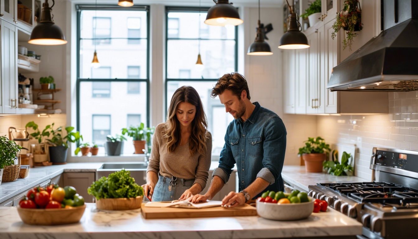 a happy young couple enjoying their new kitchen cabinetry NYC