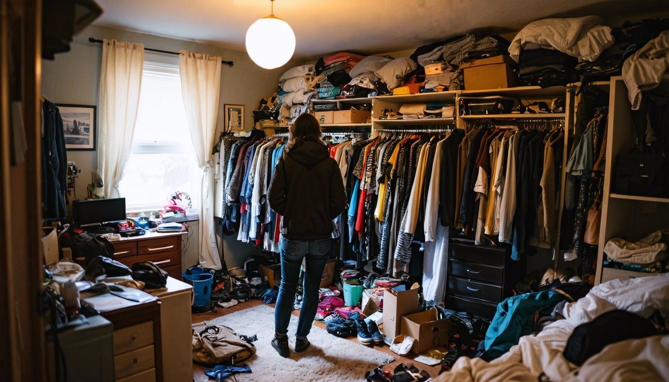 a woman frustrated in her cluttered Manhattan apartment with lack of space