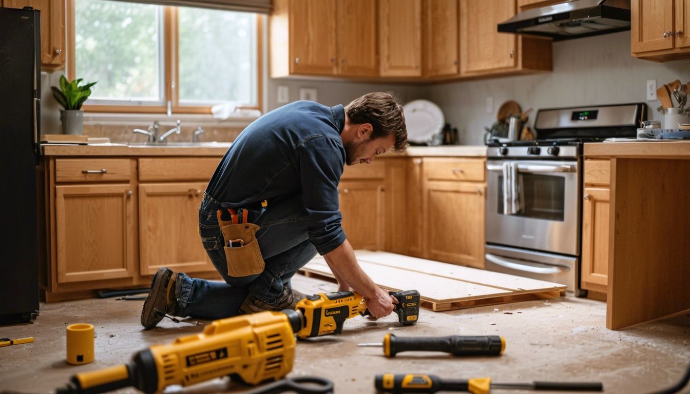 A professional woodworker is installing ready-to-assemble cabinets at a private house