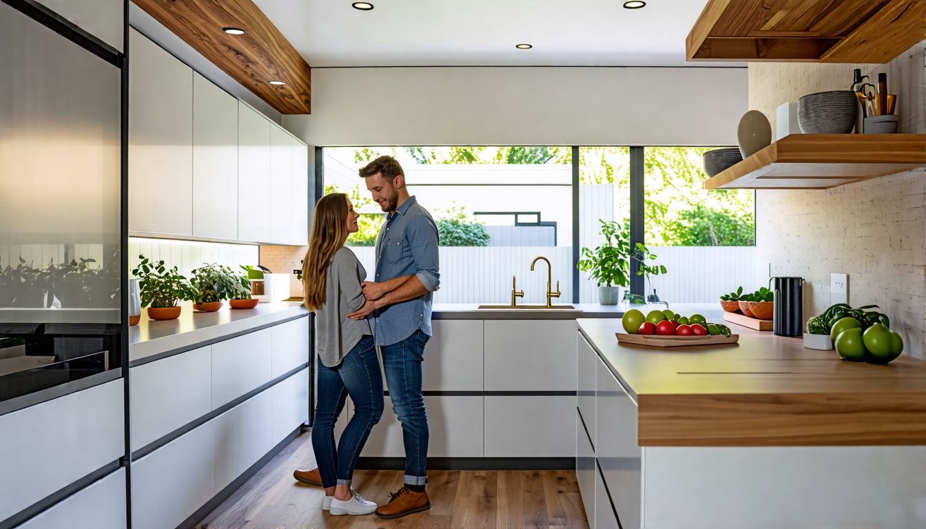 a young couple admires their modern kitchen with cabinetry