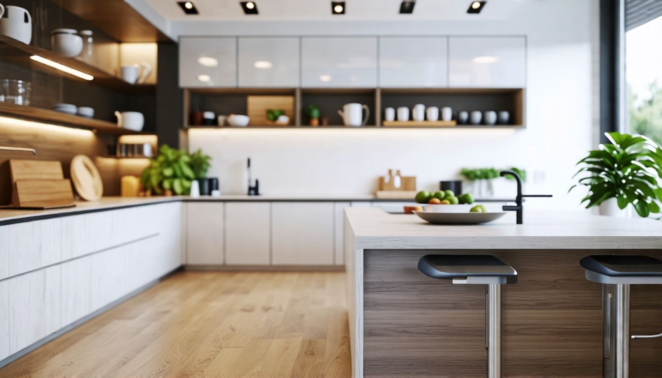 Bright white modern kitchen cupboards in a spacious kitchen