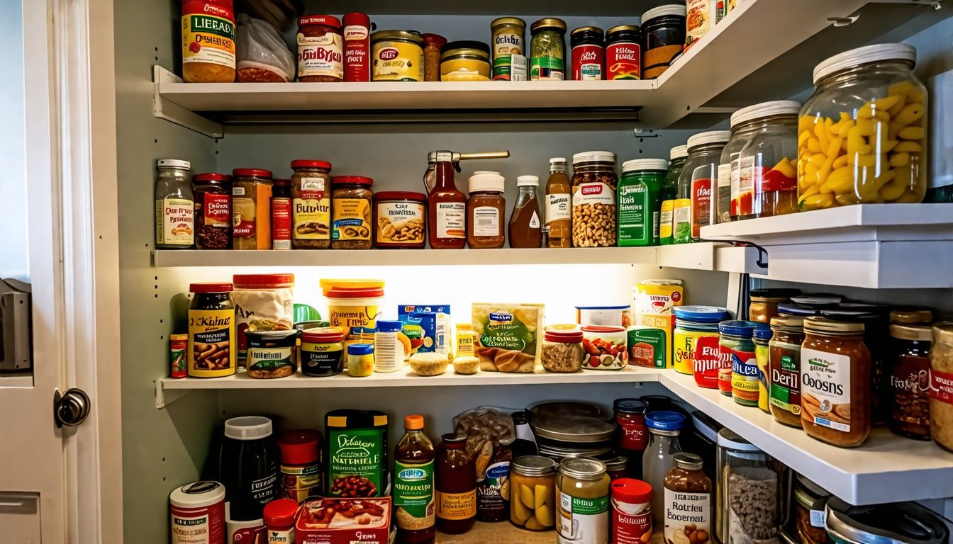 white pantry shelves filled with cans and jars