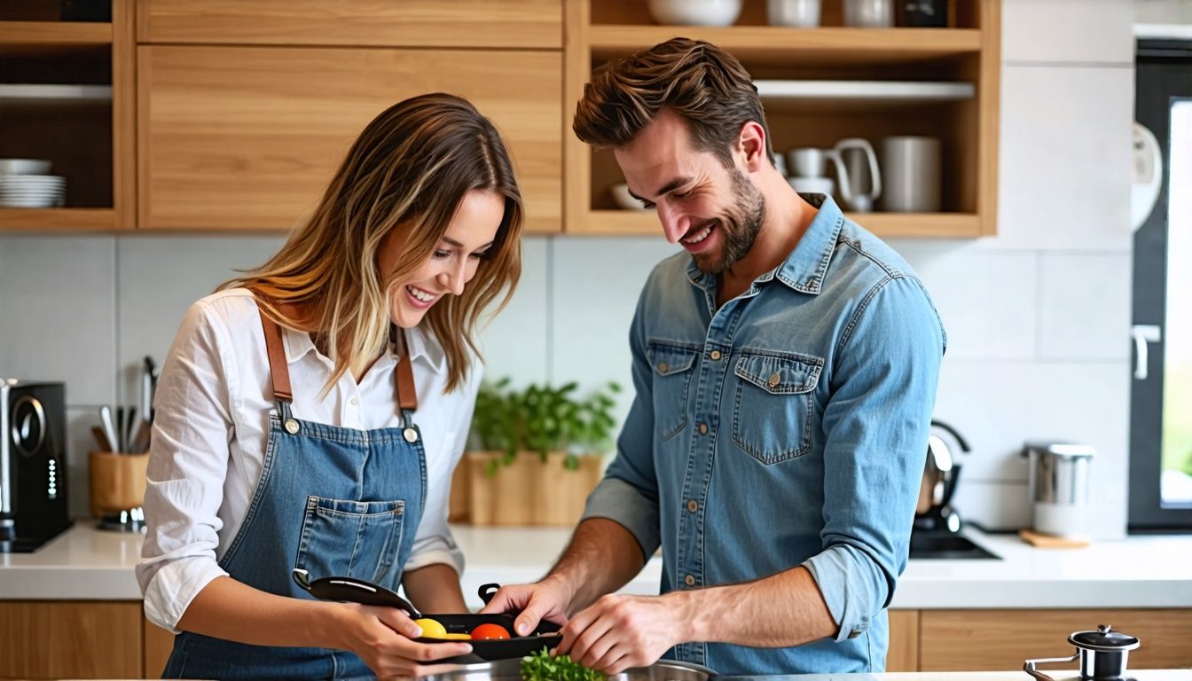 A couple in their 30s happily organizing their kitchen utensils in their sleek modern kitchen.