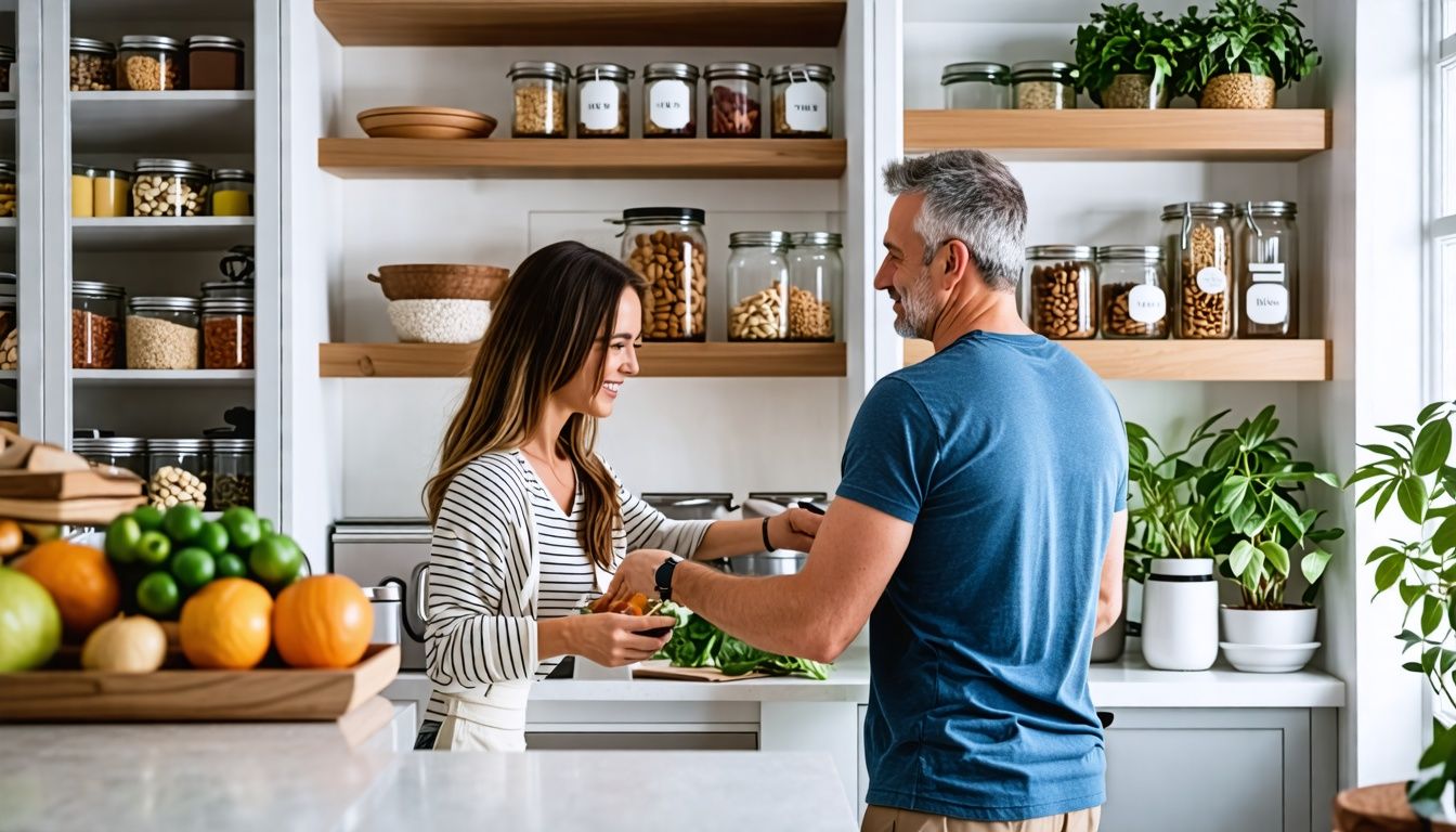 A couple organizing kitchen essentials in a well-designed walk-in pantry.