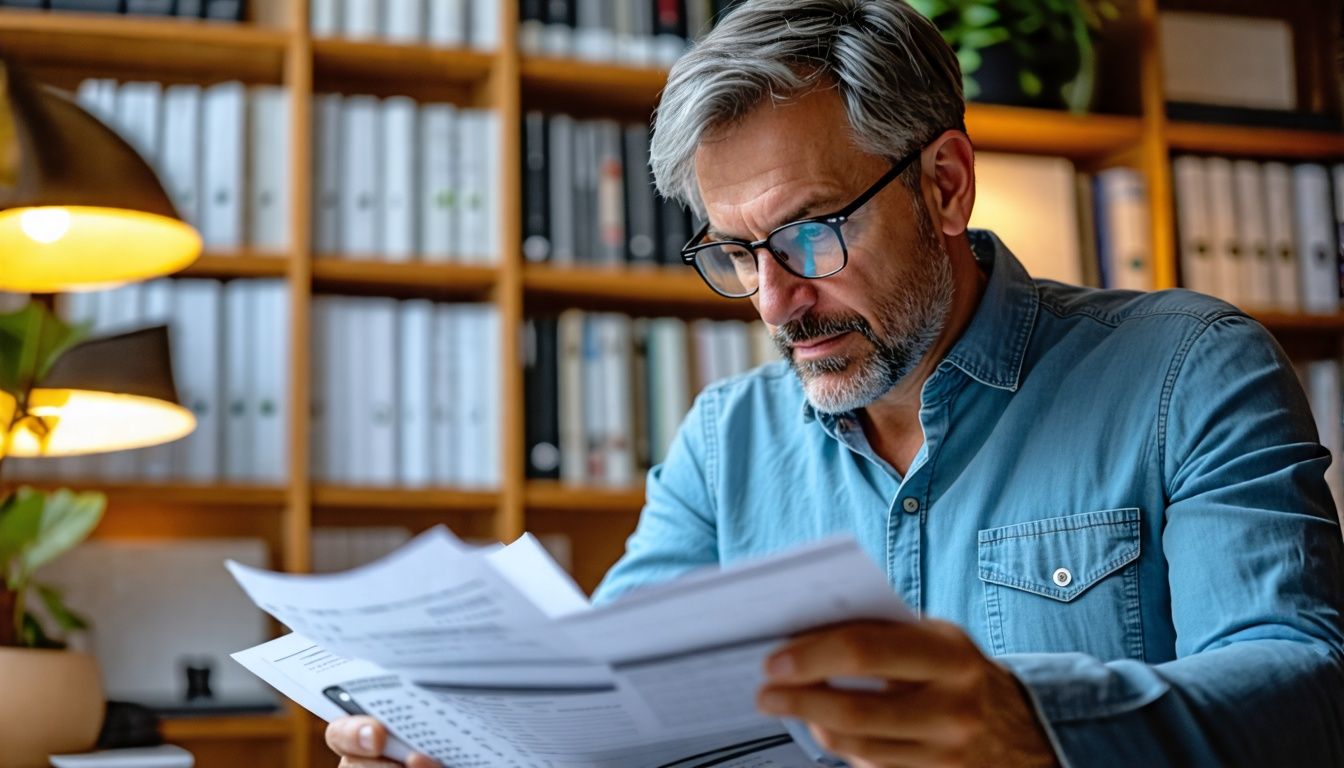 A man analyzing financial reports and market research data in an office filled with furniture catalogs