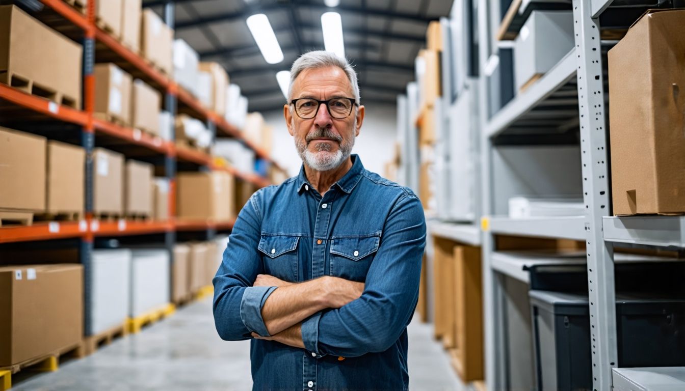 A man is looking at a variety of office desks for bulk orders in a big warehouse