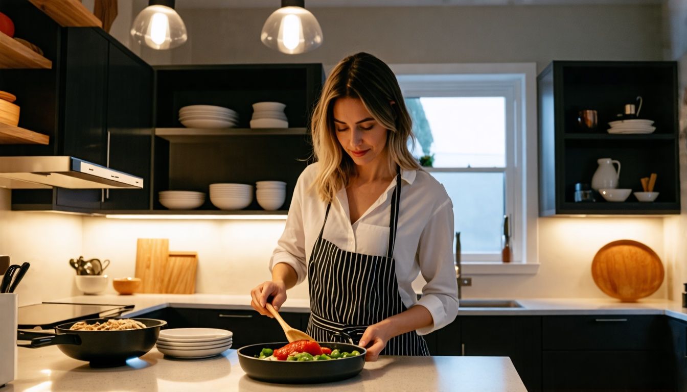 A woman is cooking in a contemporary kitchen with modern white cupboards