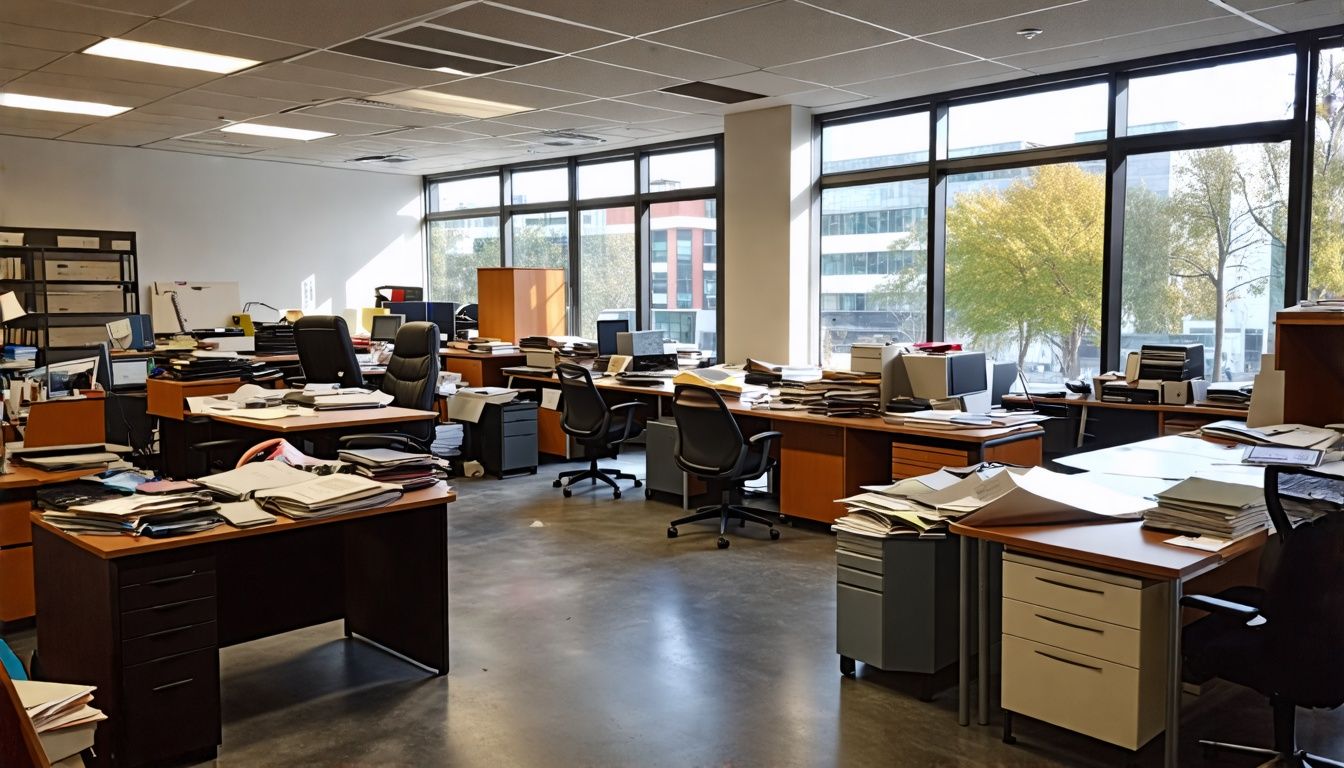 cluttered office space with many desks in a few rows