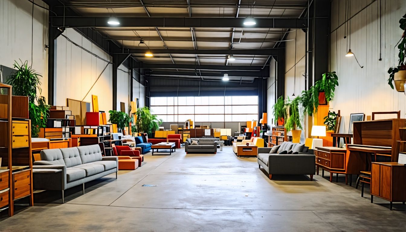 a large warehouse with many different furniture samples for wholesale customers