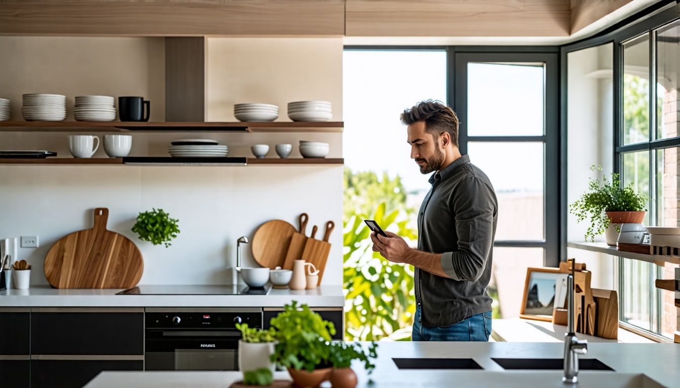 A person in their 30s is examining customizable cabinets in a modern kitchen