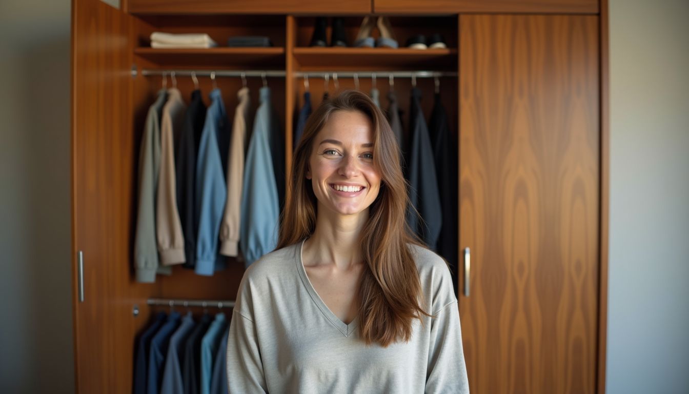 A woman in her 30s is in front of a spacious, stylish wooden closet in a modern bedroom.