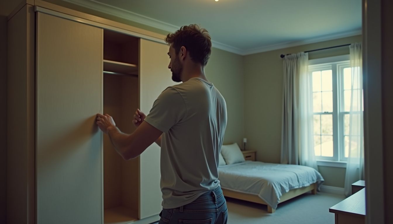 A man assembles a pre-made closet system in a bedroom