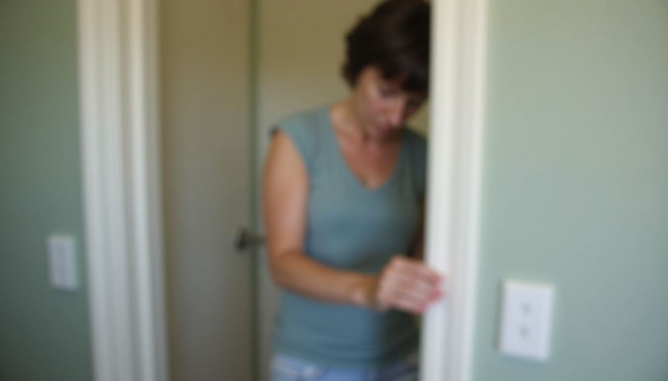 A woman measures space in a bathroom for a custom vanity placement.