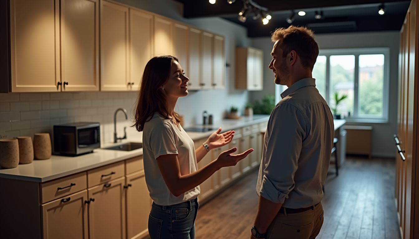 A middle-aged couple discusses custom and semi-custom cabinets in a dimly lit kitchen showroom.