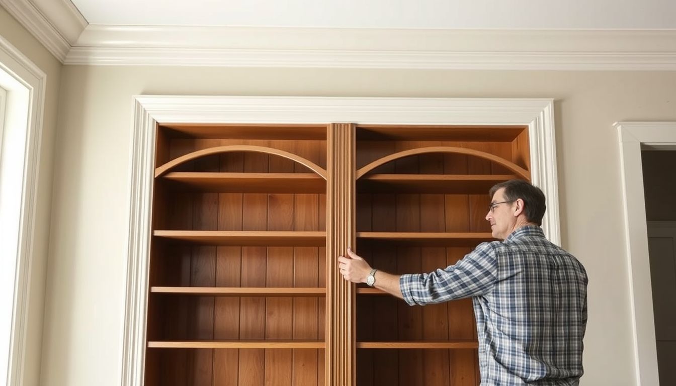 A homeowner inspects a custom bookshelf with detailed design and coordinated colors in a room.