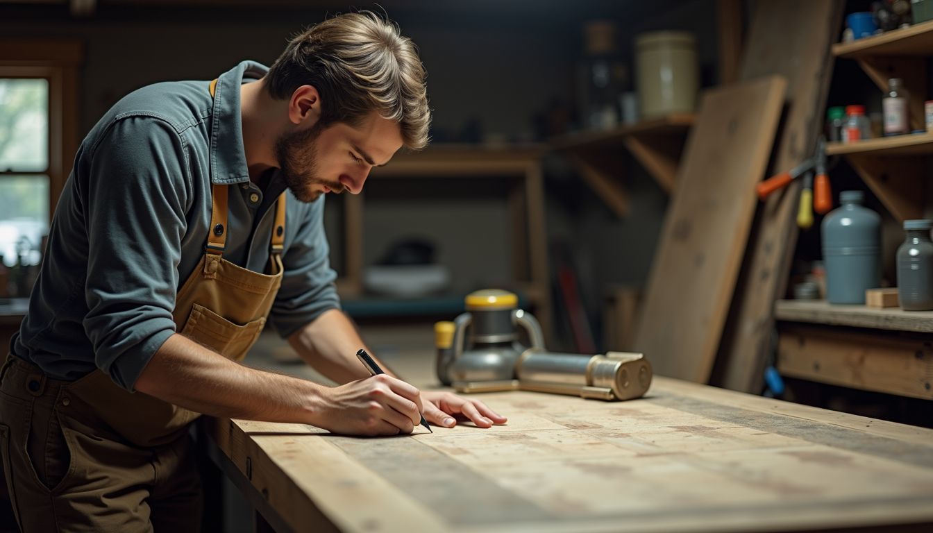 A man is measuring and sketching dimensions for a custom bar top in a cluttered workshop.