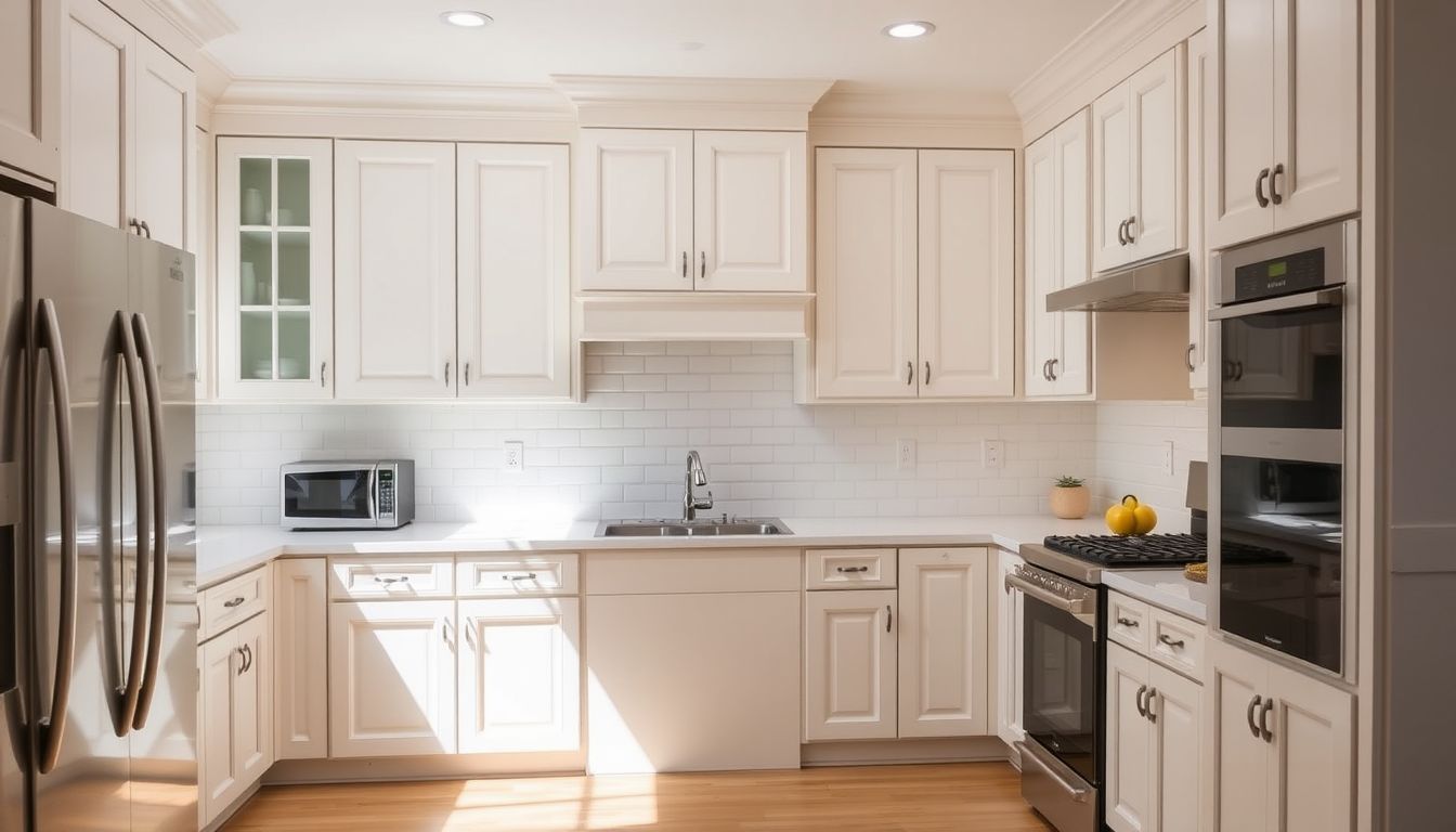 This image depicts a kitchen with Essex White cabinets, featuring raised panel doors and a mix of off-white, ivory, and cream colors